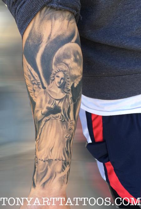 Tattoos - guardian angel,angel wings, black and gray tattoos,sleeve,moon, - 106546