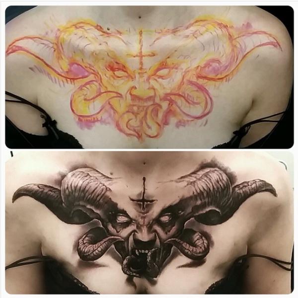 horned demon chest tattoo by Toxyc : TattooNOW