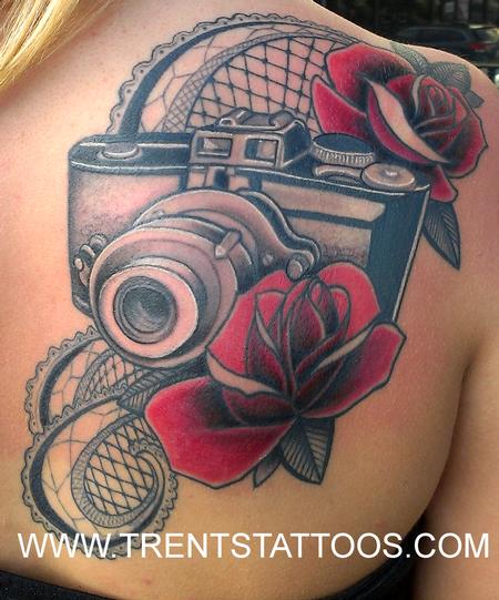 Trent Edwards - vintage camera and roses with lace work