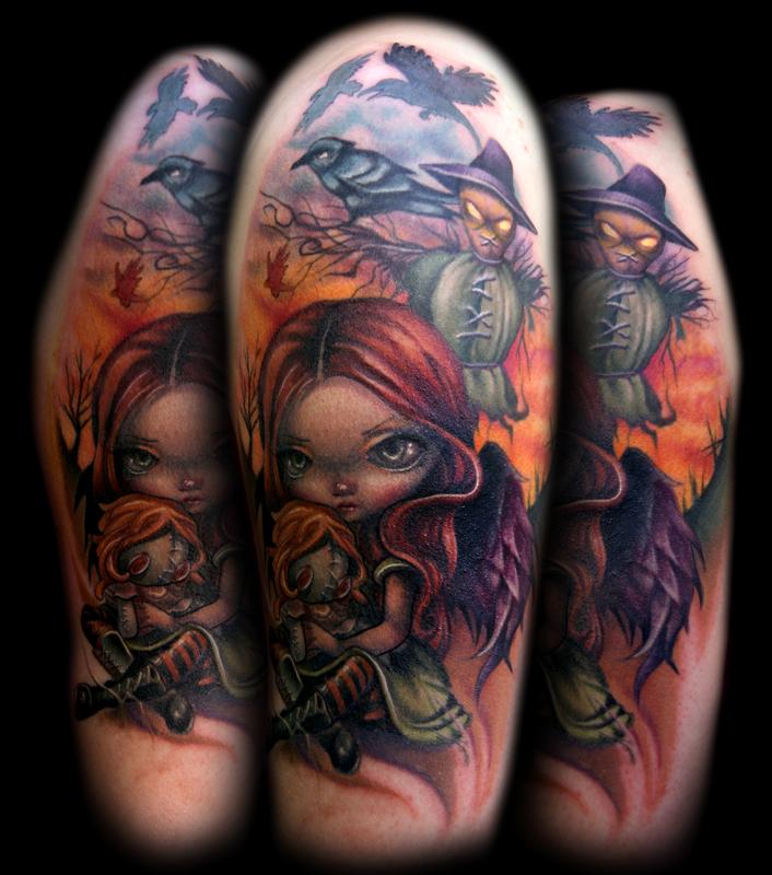 Girl, Doll, and Scarecrow tattoo