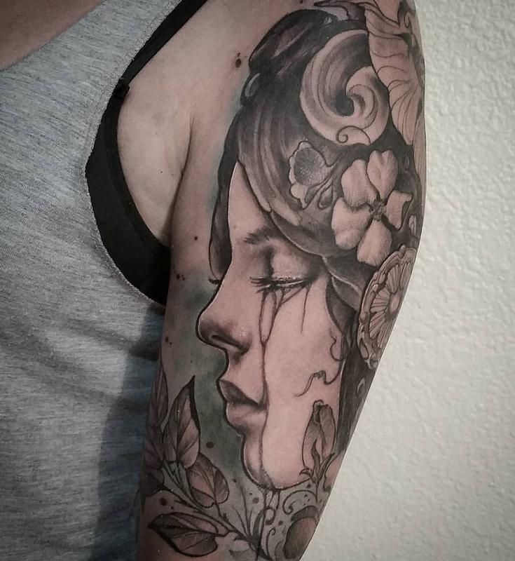 art nouveau woman crying black and grey color arm tattoo by art nouveau woman crying black and grey color arm tattoo by