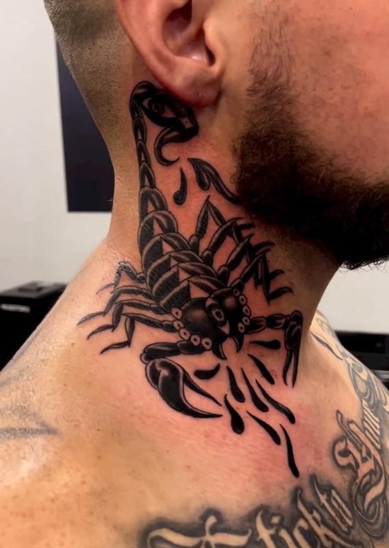 Blackwork Scorpion Neck Tattoo by Justin Gorbey TattooNOW