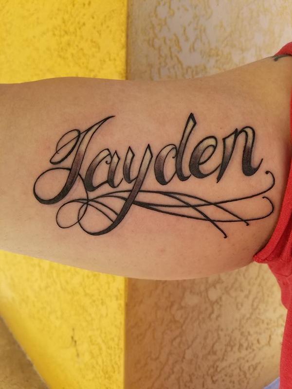 Jayden Script Tattoo by Stefanee Schofield Tattoos