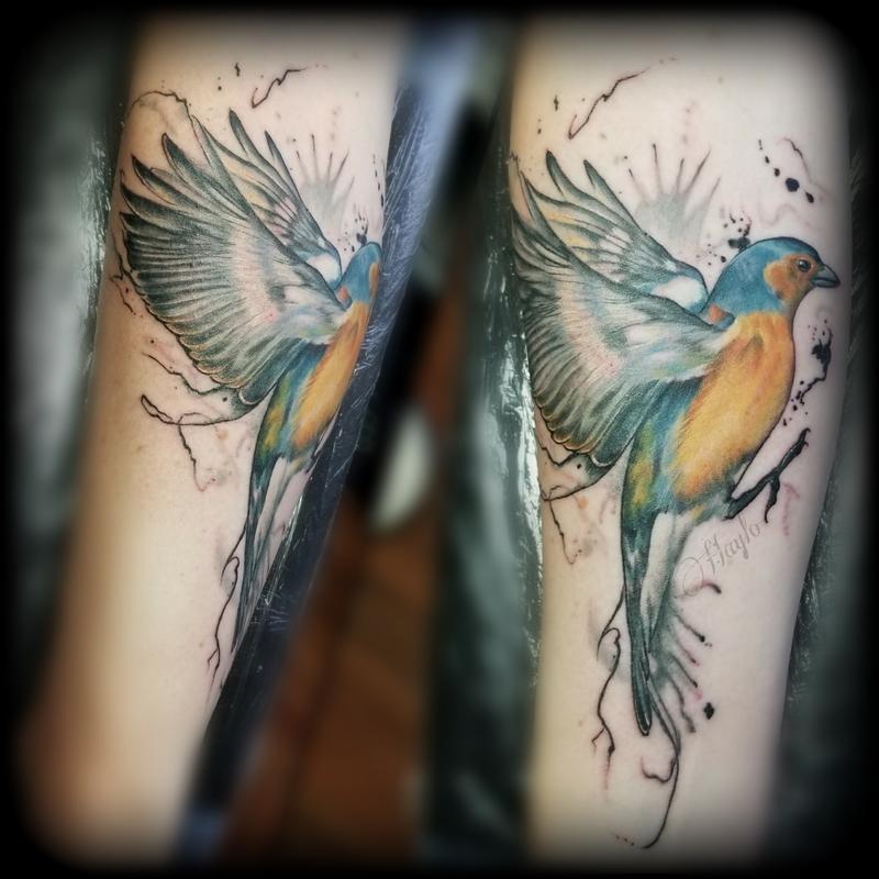 Blue and Gold finch with ink drips by Haylo by Haylo TattooNOW