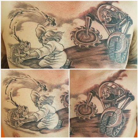 Steve Malley - Religion vs Science Black and Gray Chest Tattoo