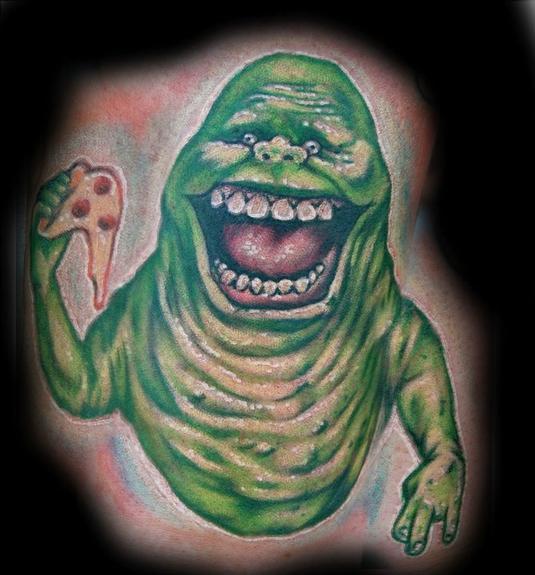 Evan Olin - Slimer from the Ghostbusters movies with pizza and throwin the shocker tattoo