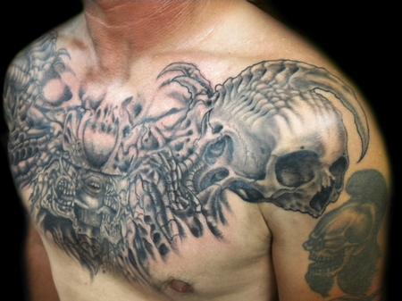 Tattoos - Black and Gray Skull Bio-mech Tattoo - 60950