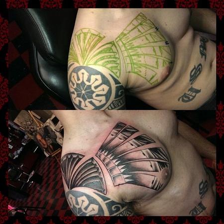 Tattoos - Free hand Polynesian style shoulder chest piece - 86491