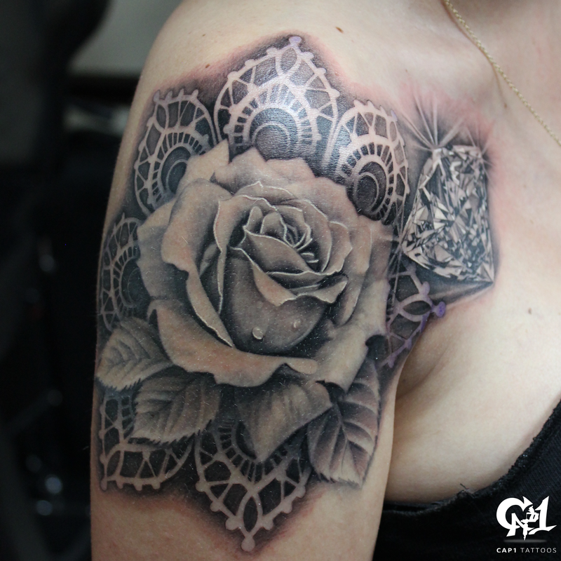 Dark Age Tattoo Studio : Tattoos : Flower : Realistic Rose and Diamond ...