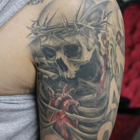 Tattoos -  Healed Black and Grey Skull and Rib Cage Sleeve with a realistic color heart - 119249