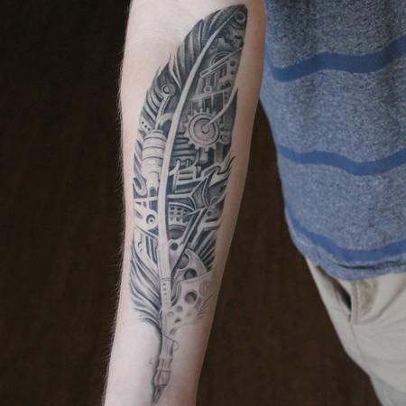 Tattoos - Healed Black and Grey Bio Mechanical Feather on Forearm - 119304