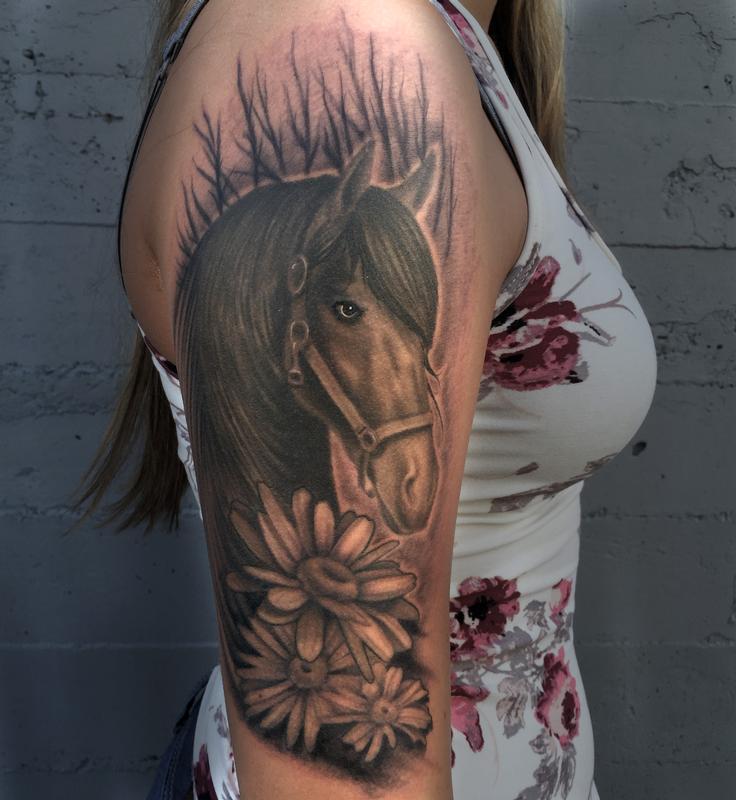 Black and Grey Horse and Daisies by Eddie Zavala: TattooNOW