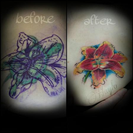 Aged turtle tattoo cover up with watercolor and realist style lily by ...