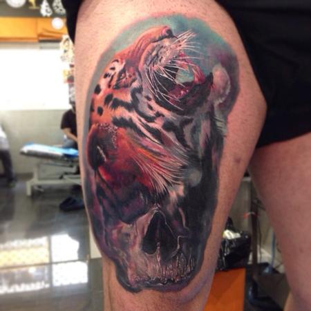 Tattoos - Skull and tiger realistic tattoo in colour - 89617