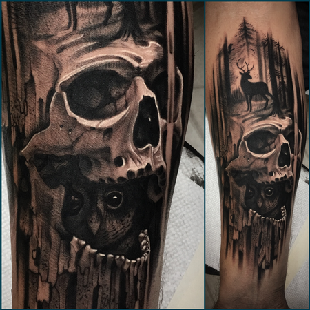 Tattoos - Black and grey nature skull - 131535