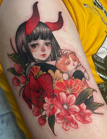 Tattoos - Devil-Girl with cat and flowers - 142956