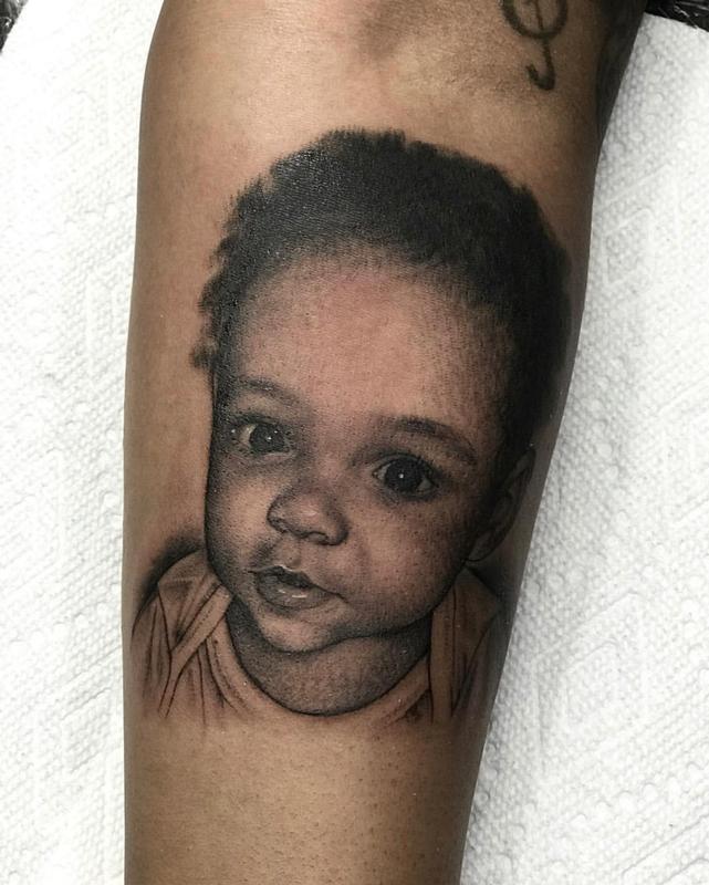 Black and Grey Child Portrait Tattoo by Shawn Monaco : Tattoos