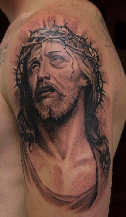 Venetian Tattoo Gathering : Tattoos : Body Part Arm Sleeve : color Jesus  portrait tattoo