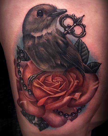 Tattoos - Realistic Bird and Rose Tattoo - 128982