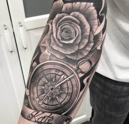 Tattoos - Black & Gray Compass with Rose - 132818