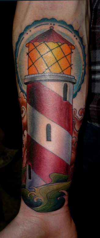 lighthouse with crashing waves by Joshua Bowers: TattooNOW