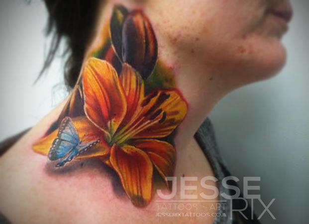 lily and butterfly neck tattoo