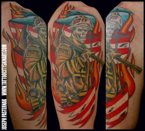 FireFighter Holding Axe With American Flag by Joseph Pasternak: TattooNOW