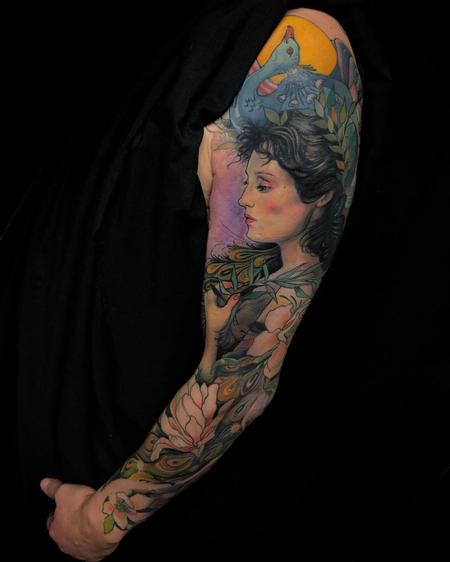 Tattoos - Color Peacock and Woman Sleeve Tattoo - 137666