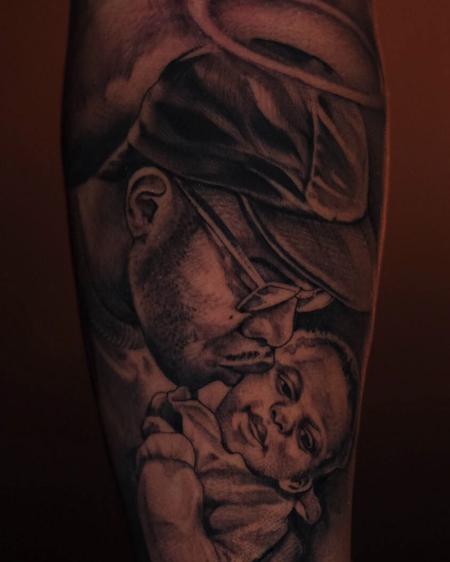 Tattoos - black and grey portrait tattoo of father and child - 141744