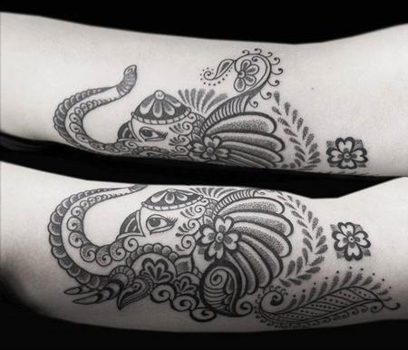 Tattoos - BONGO STYLE ELEPHANT - PERSONALIZED STYLE COMBINING ELEMENTS OF BENGALI/INDIAN FOLK ART RENDERED IN DOTWORK AND LINEWORK - 109076