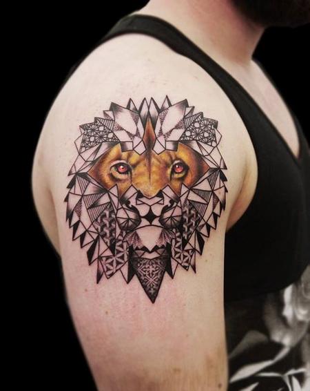 Tattoos - linework dotwork geometric realistic lion tattoo - 109171