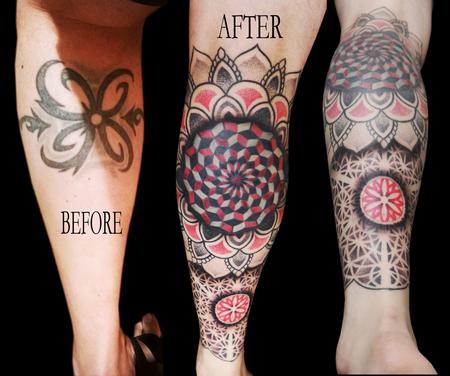 Tattoos - linework dotwork colour fractal mandala cover up leg sleeve mandalas - 119728