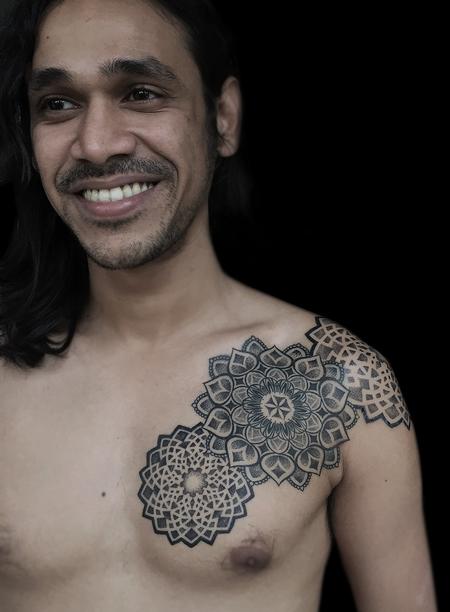 Tattoos - dotwork indian traditional mandala chest pattern tattoo - 119067
