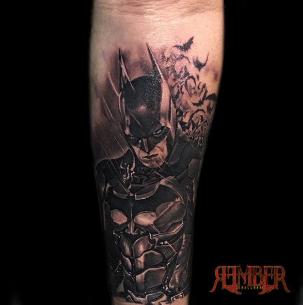 Rember Tattoos : Tattoos : Body Part Arm : Batman in Black and Grey