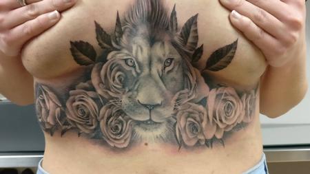 Tattoos - Lion with roses sternum  - 128364