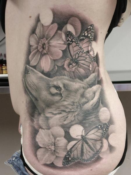 Tattoos - Wolf, butterflies and flowers - 128365