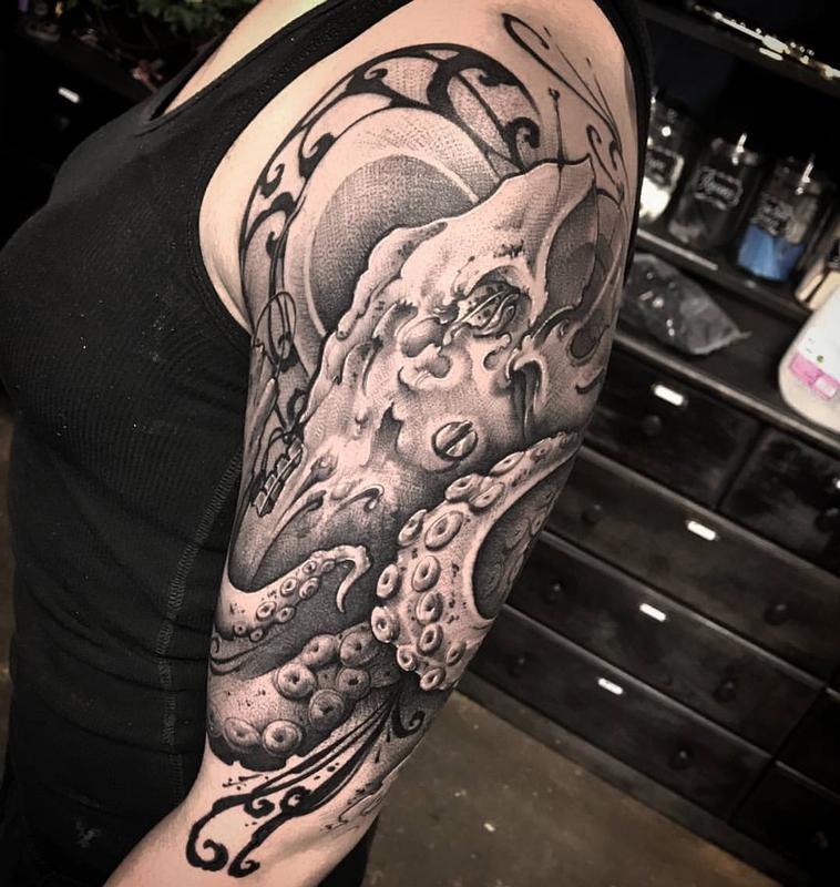 Art Nouveau, Biomech Octopus sleeve, black and grey, sketchy tattoo by ...