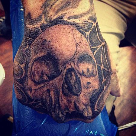 Tattoos - realistic black and gray skull, with spider web tattoo, Big Gus Art Junkies Tattoo - 70809