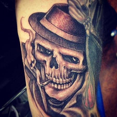 Tattoos - realistic black and gray skull with hat tattoo, Big Gus Art Junkies Tatto - 70810