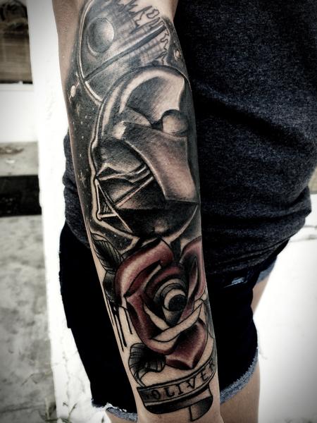 Tattoos - Traditional Darth Vader and death star with rose tattoo, Frichard Adams Art Junkies Tattoo. - 107841