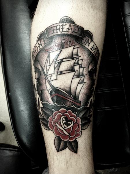 Tattoos - Traditional color ship with rose tattoo, Frichard Adams Art Junkies Tattoo   - 106679