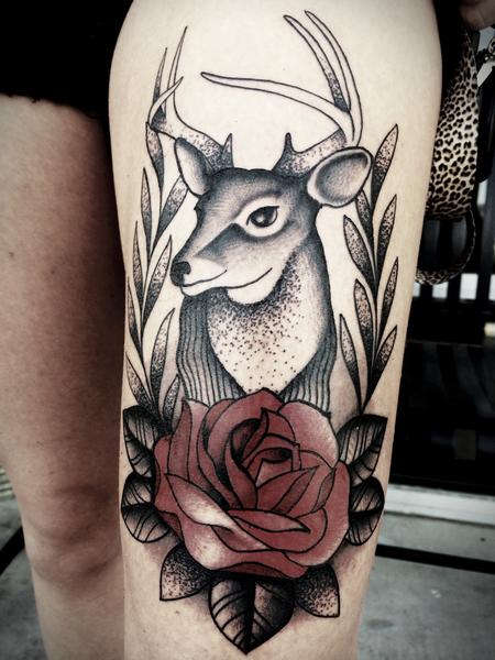 Tattoos - Traditional deer with rose tattoo. Frichard Adams Art Junkies Tattoo - 107975