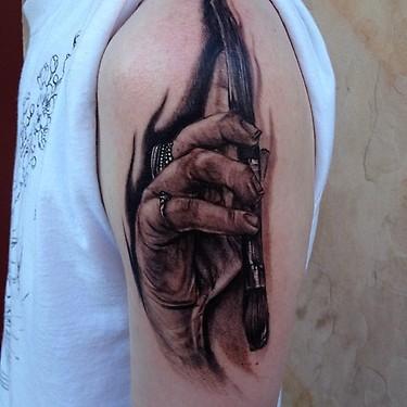 Tattoos - Black and grey hand with paint brush tattoo - 69486