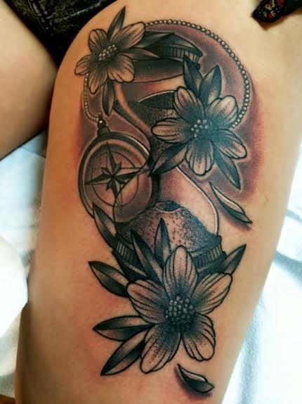 Tattoos - Black and Gray traditional compass with flowers tattoo. Frichard Adams Art Junkies Tattoo  - 108786