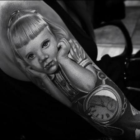 Tattoos - Realistic color portrait of little girl and pocket watch tattoo, Brent Olson Art Junkies Tattoo  - 108572