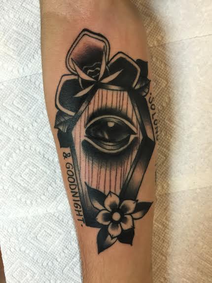 Tattoos - Traditional black coffin with eye and flowers tattoo. Frichard Adams Art Junkies Tattoo  - 108759