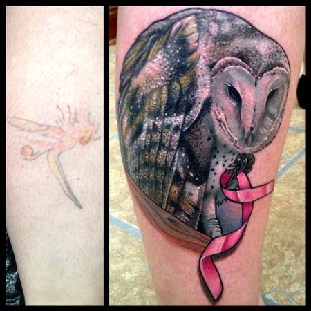 Tattoos - Barn owl with a breast cancer ribbon - 89201