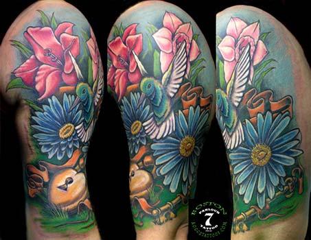 Awesome Colored Flowers Sleeve Tattoo For Men