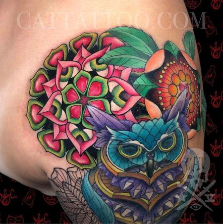 Tattoos - Floral Geometry and Crystal Owl - 143372