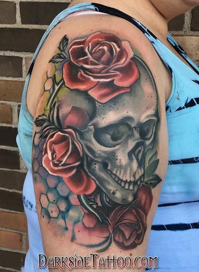 Tattoos - Color Skull and Roses Tattoo - 130054